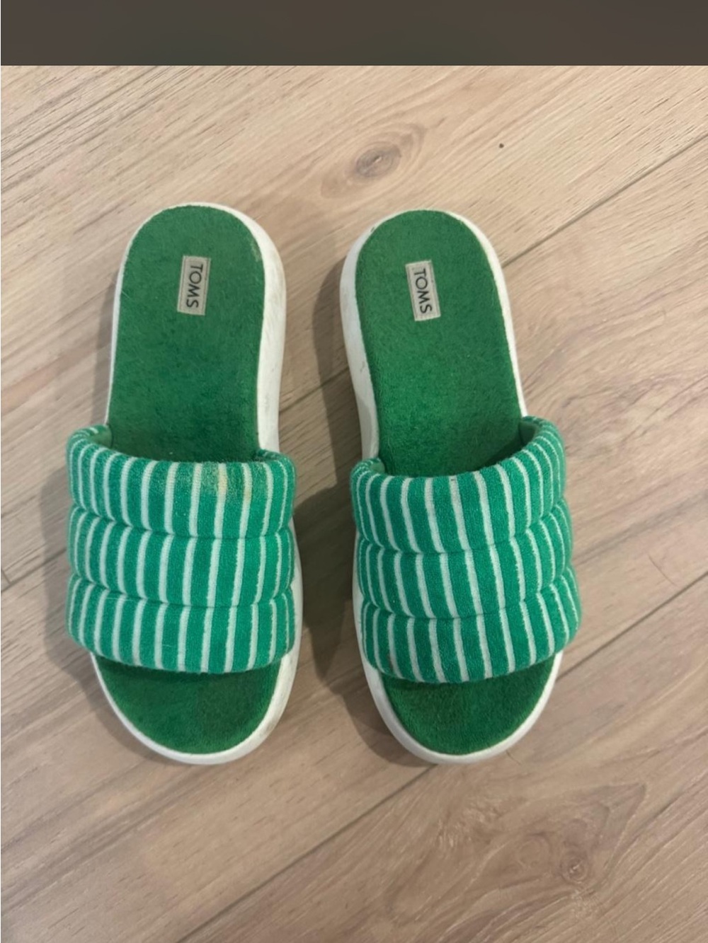 Toms Green and White Striped Slide Sandals